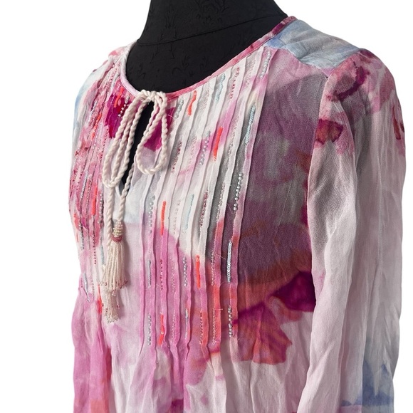Soft Surroundings Floral Boho Beaded Bed of Roses Silk Chiffon Tunic Top Sz M - Picture 3 of 9
